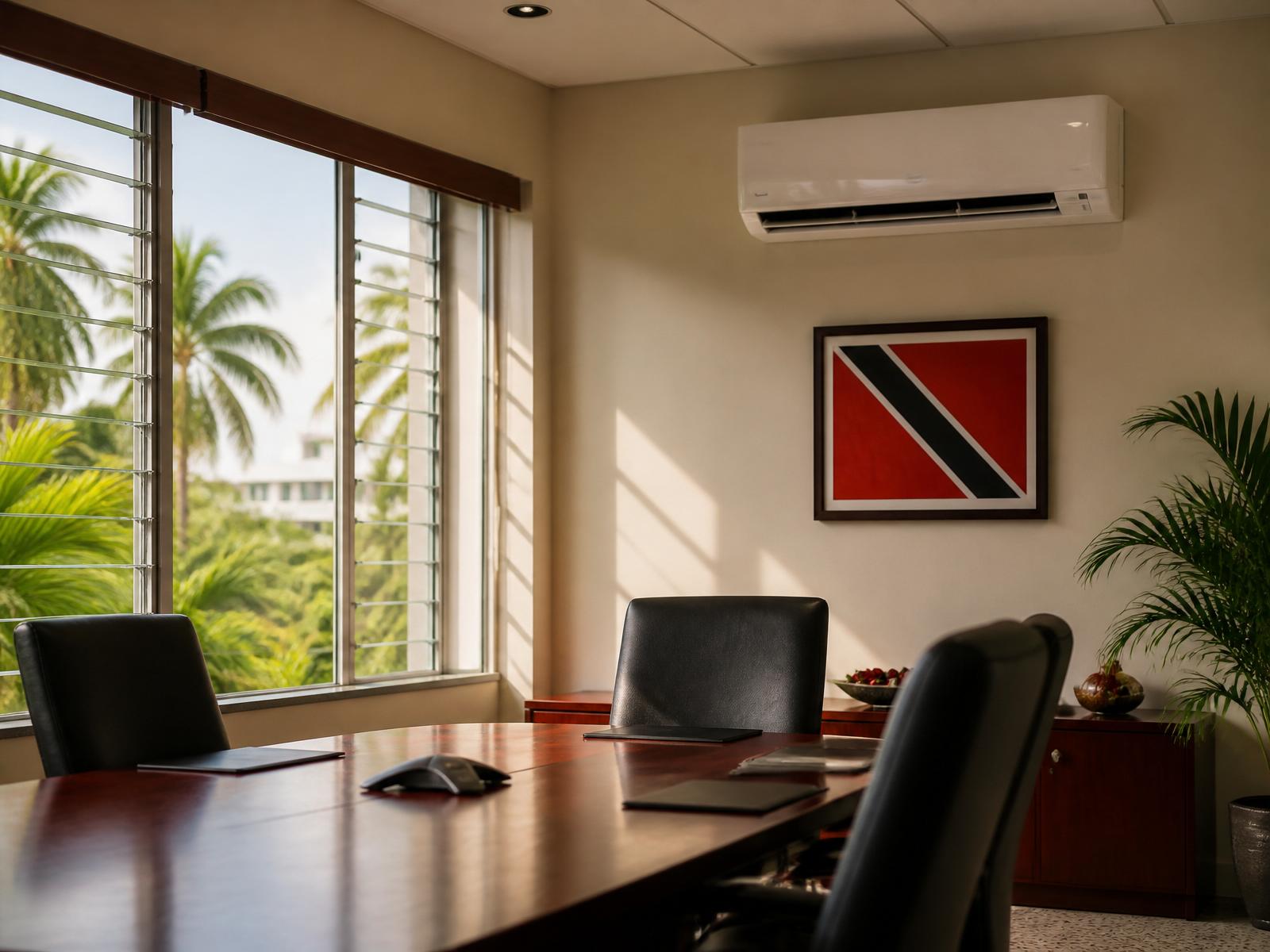 Split air conditioning unit installed in a Trinidad and Tobago government conference room